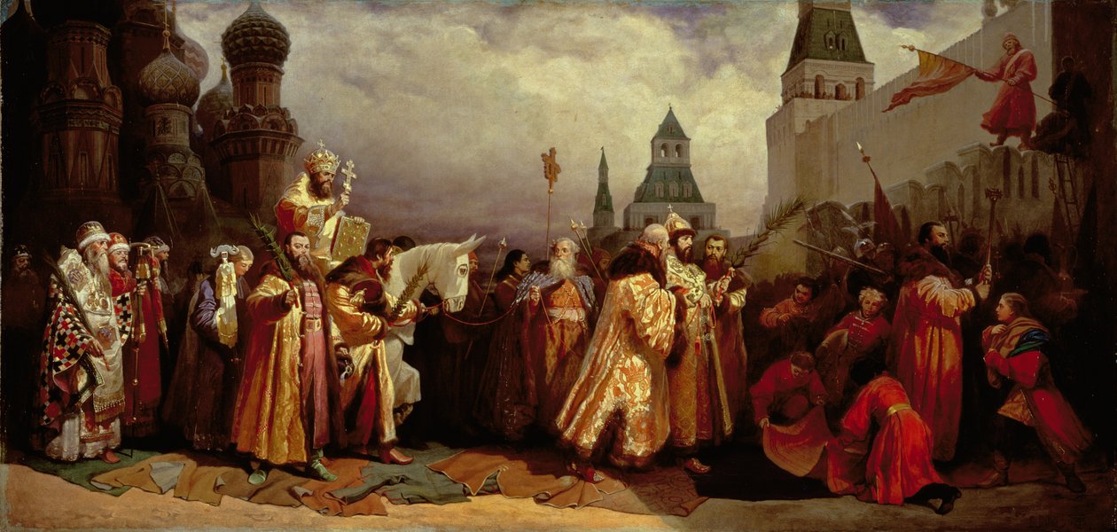 Palmusunnuntai Moskovassa tsaari Aleksei Mihailovitšin (1629-76) kanssa patriarkaalisessa kulkueessa, 1865 tekijältä Vyacheslav Grigorievich Shvarts