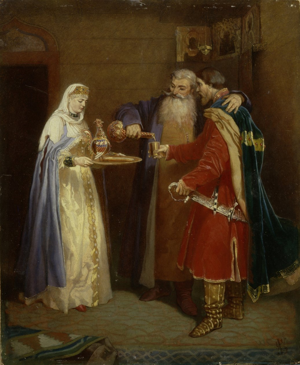Boyerin tervetuloa vierailemaan Boyer Morozovin luona prinssi Serebarenin luona, 1865 tekijältä Vyacheslav Grigoryevich Schwarz