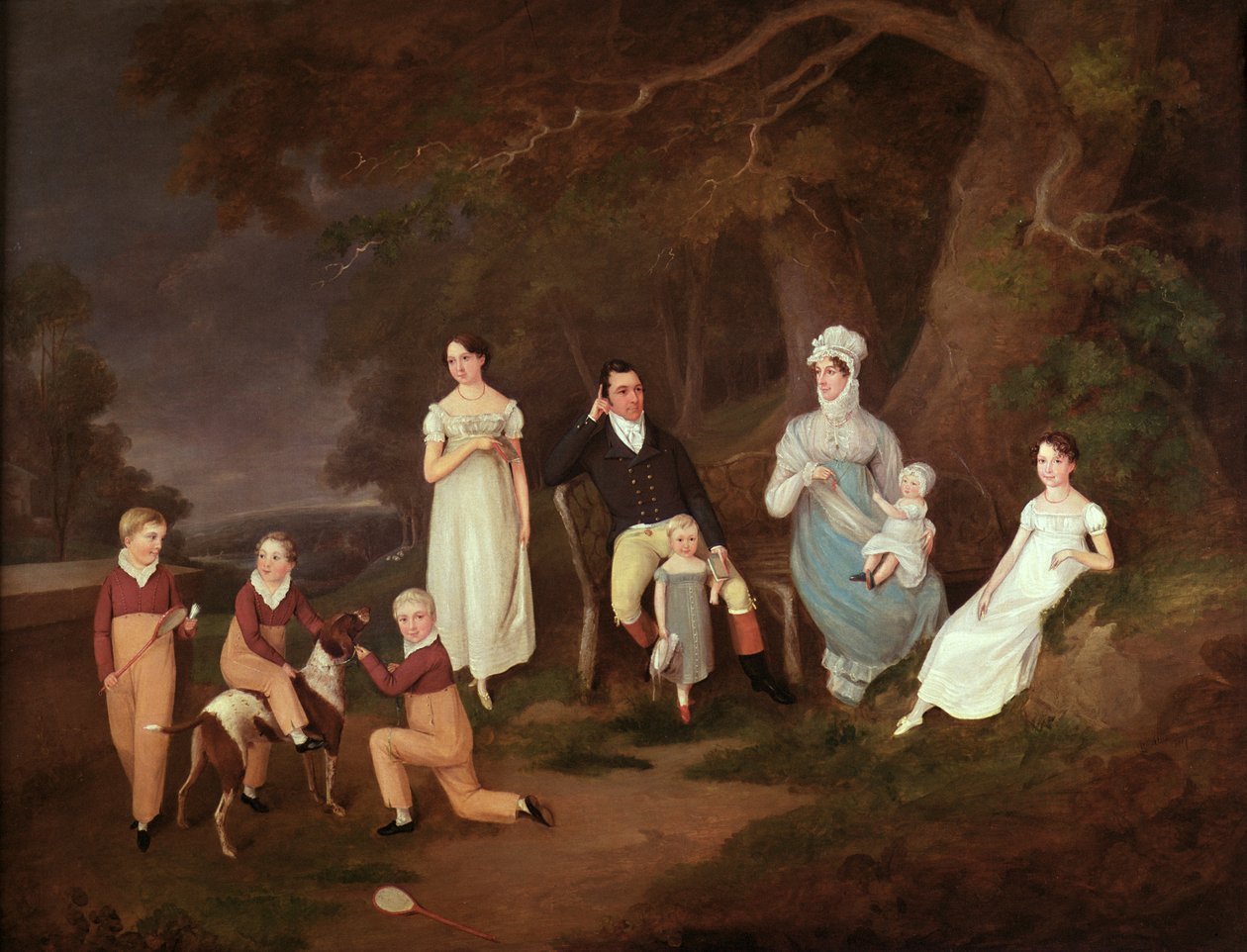 Ryhmämuotokuva Squiresta, hänen vaimostaan ja lapsistaan uuden metsän reunalla, 1817 tekijältä W. Allison