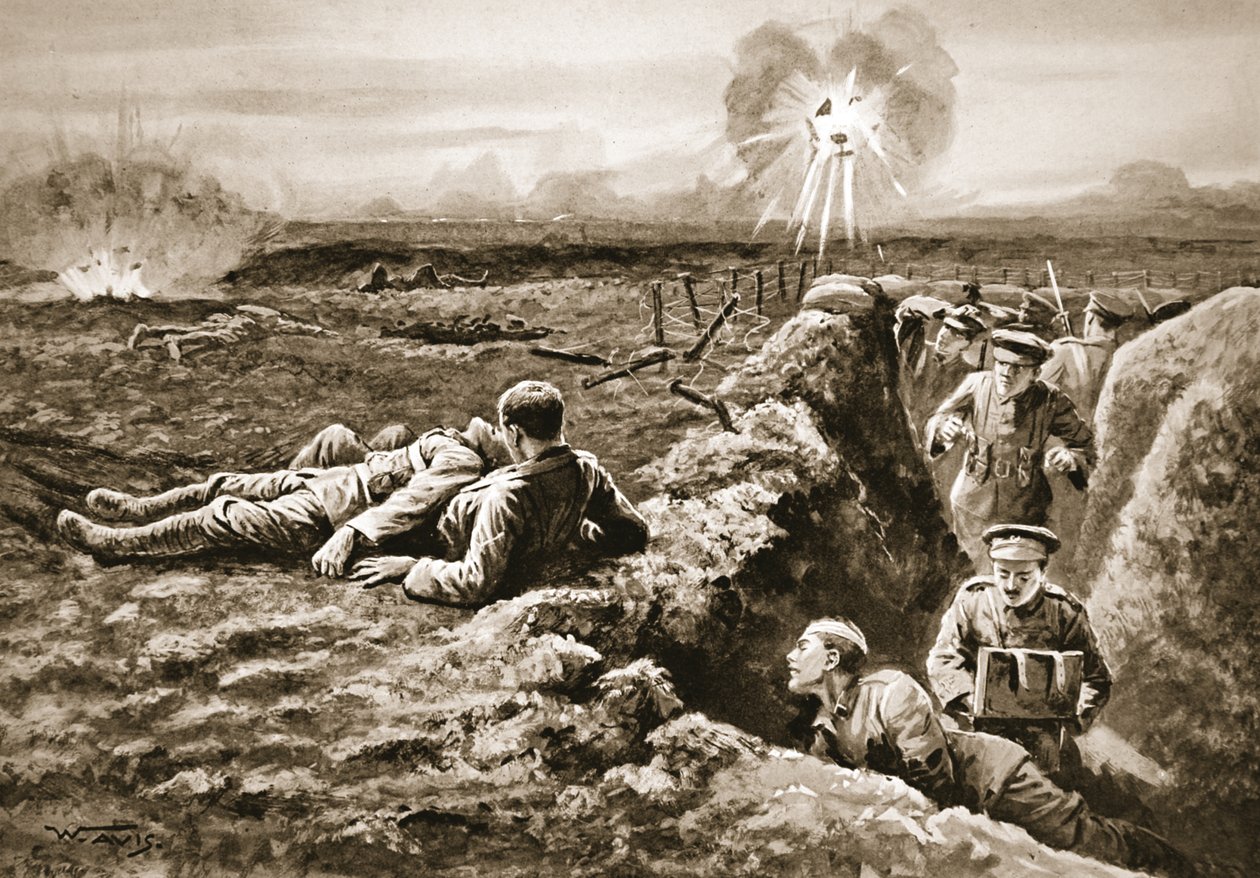 Lance-Corporal Tombs vetää takaisin vakavasti haavoittunutta miestä hänen omaan kaulaansa ja miehen ruumiiseen asetetulla kiväärihihnalla tekijältä W. Avis