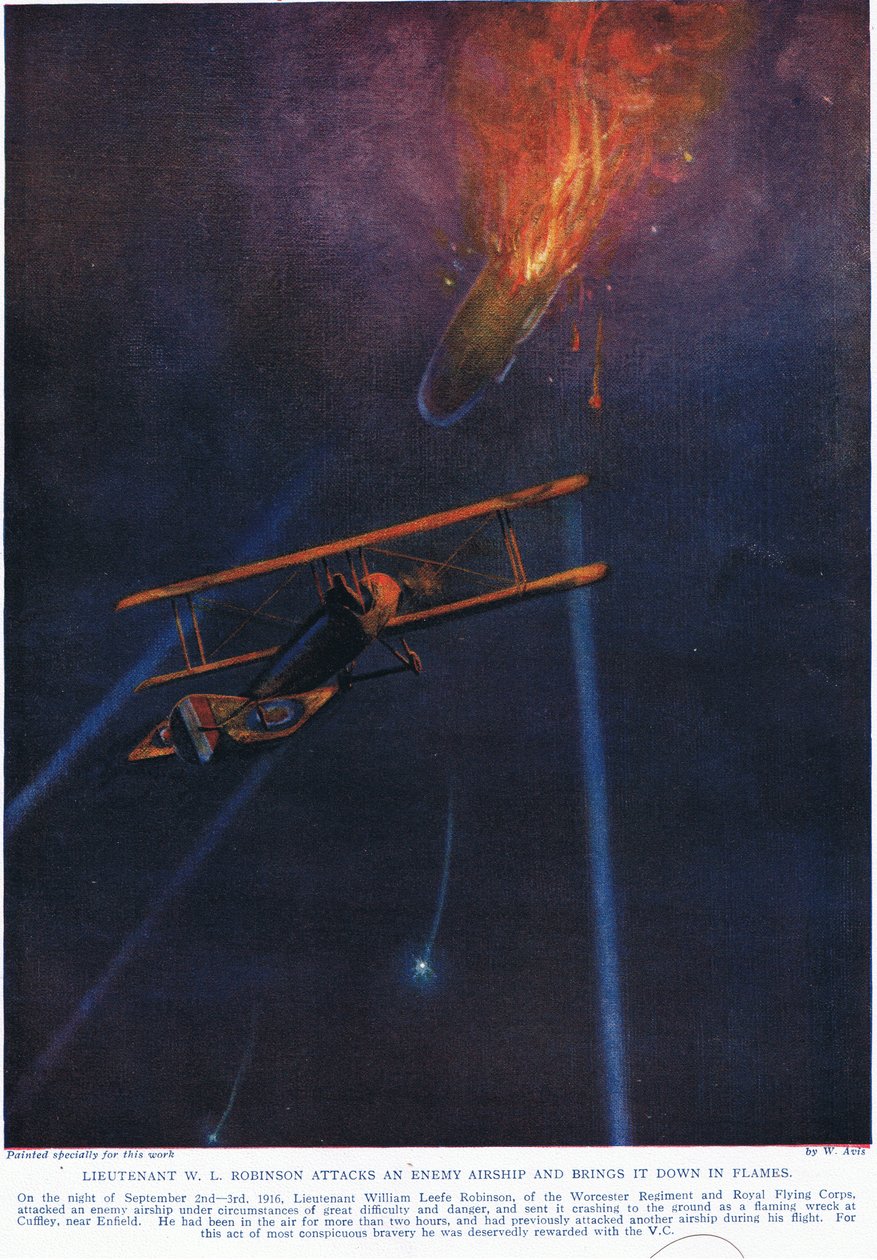 Luutnantti W.L. Robinson hyökkää vihollisen ilmalaivaan ja kaataa sen, esimerkki teoksesta Deeds that Thrill the Empire, julkaisija Hutchinson und Co., n. 1920 tekijältä W. Avis