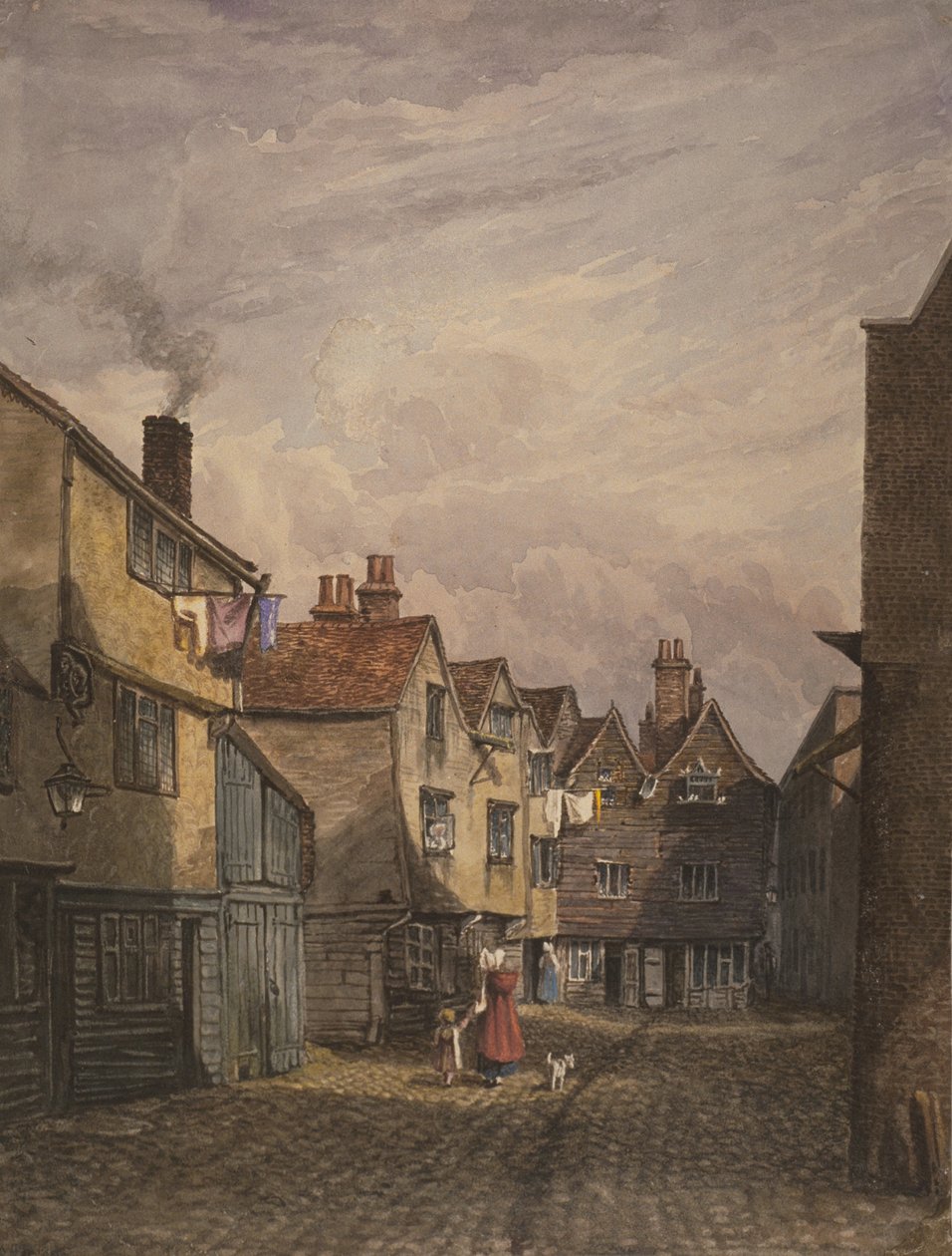 Näkymä naisesta ja lapsesta kävelemässä Crown Courtissa, Bermondsey, noin 1825. tekijältä W. Barker