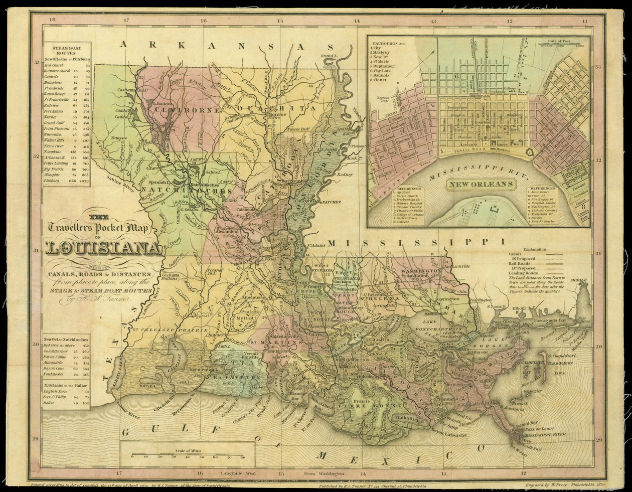 The Travelers Pocket Map of Louisiana, julkaistu vuonna 1830 tekijältä W. Brose