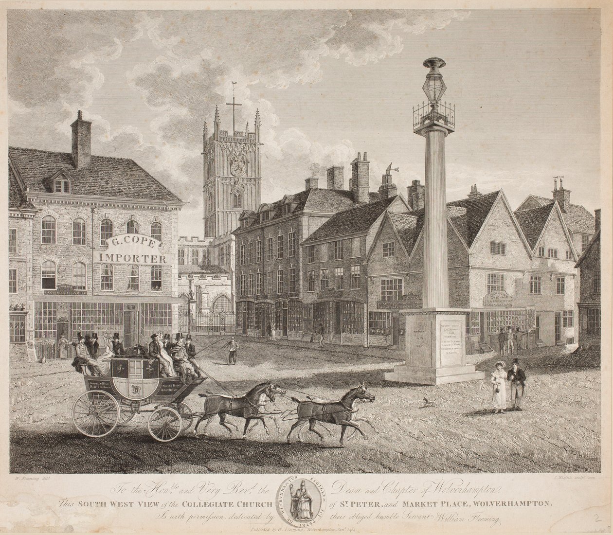 Lounaisnäkymä St. Peterin ja Marketplacen kollegiaalisesta kirkosta, Wolverhampton, 1824 tekijältä W. Fleeming