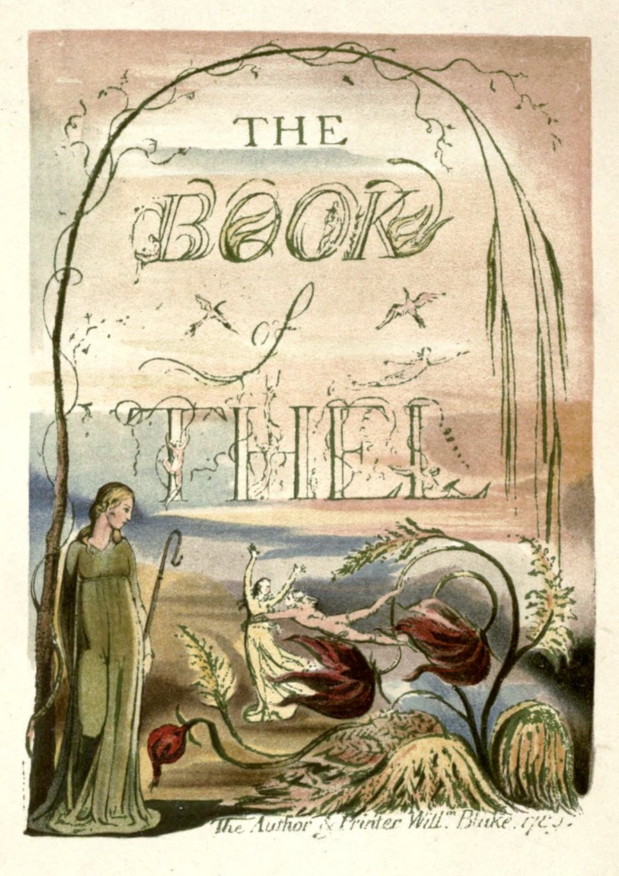 Richard Garnettin kuvitukset William Blake, taidemaalari ja runoilija sivulta 33, kustantaja: London, Seeley. Teos on nimeltään The Book of Thel, nimisivu. Faksi: W. Griggs. Tämä painatus muistuttaa lähinnä sivua fr tekijältä W. Griggs after William Blake