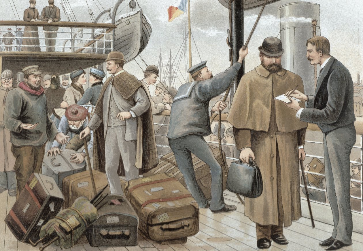 Menossa laivaan Tilburyssa, julkaisusta "P und O Pencillings", n. 1890 tekijältä W. Lloyd