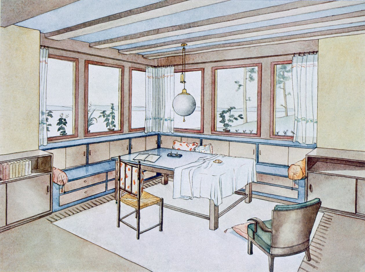 Osa olohuonetta, julkaisusta Modern Interiors in Colour, julkaisija Julius Hoffman, Stuttgart, 1929 tekijältä W. Schneider