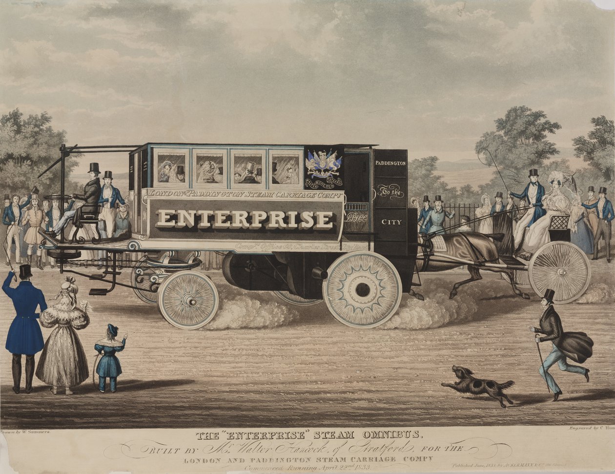 Enterprise Steam Omnibus, jonka rakensi Walter Hancock Stratfordista Lontoon ja Paddingtonin Steam Carriage Companylle, kaiverrus C. Hunt, 1833 tekijältä W. Summers