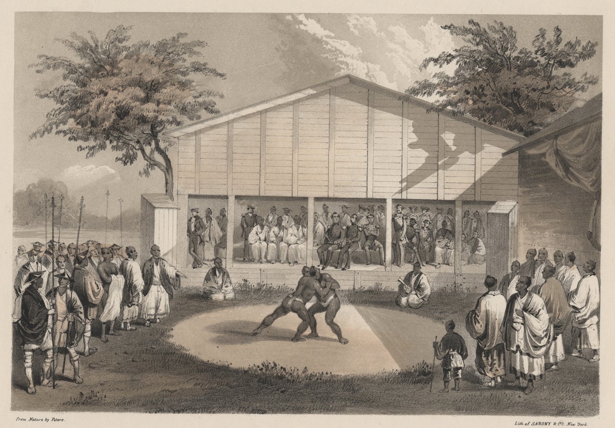 Painijat Yokuhamassa, litografia Sarony ja Co., 1855 (kromoliito). tekijältä W. T. Peters