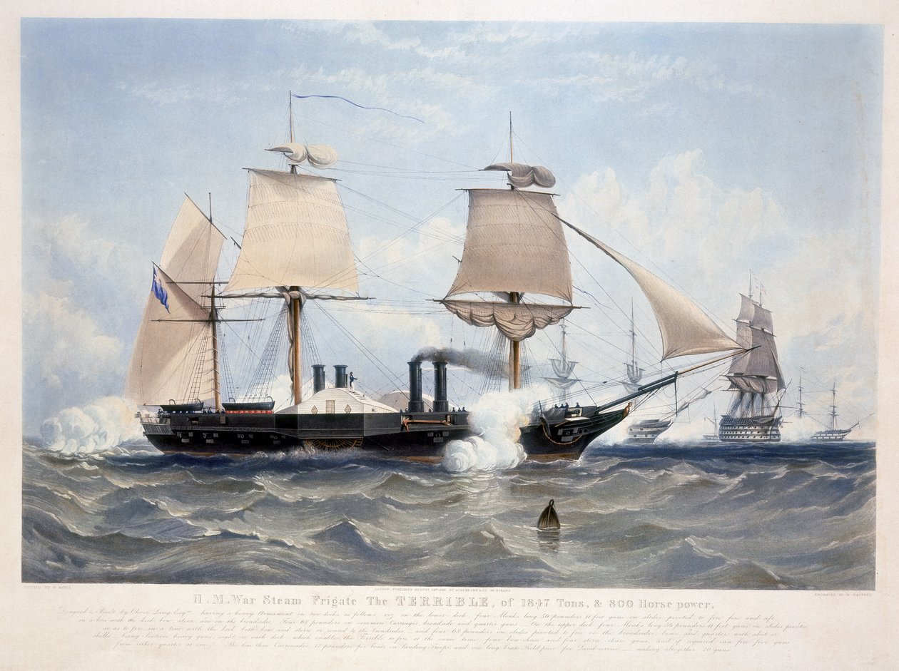 HMS Terrible, kaiverrus Henry Papprill (fl.1846-48) 1845 (akvatinta) tekijältä W. after Knell
