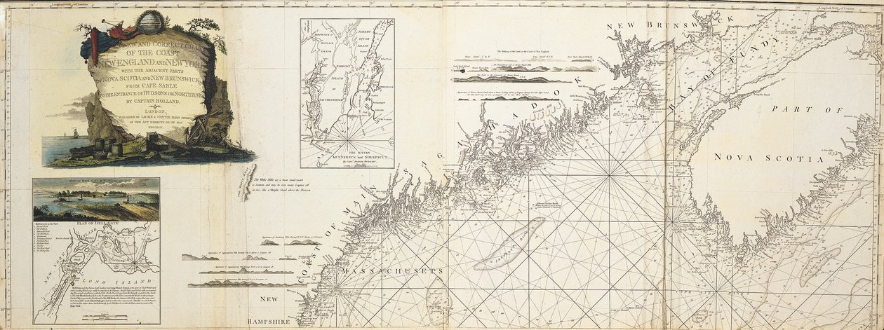 A New and Correct Chart of the Coast of New England and New York with the adjacent parts of Nova Scotia and New Brunswick from Cape Sable to the Entrance of Hudsons or North River by Captain Holland; View of Hell Gate by W. A. Williams 1777 (insert); Plan  tekijältä W.A. Williams