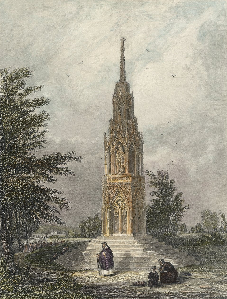 Waltham Cross, n. 1820 (käsinvärinen kaiverrus) tekijältä W.B Clarke