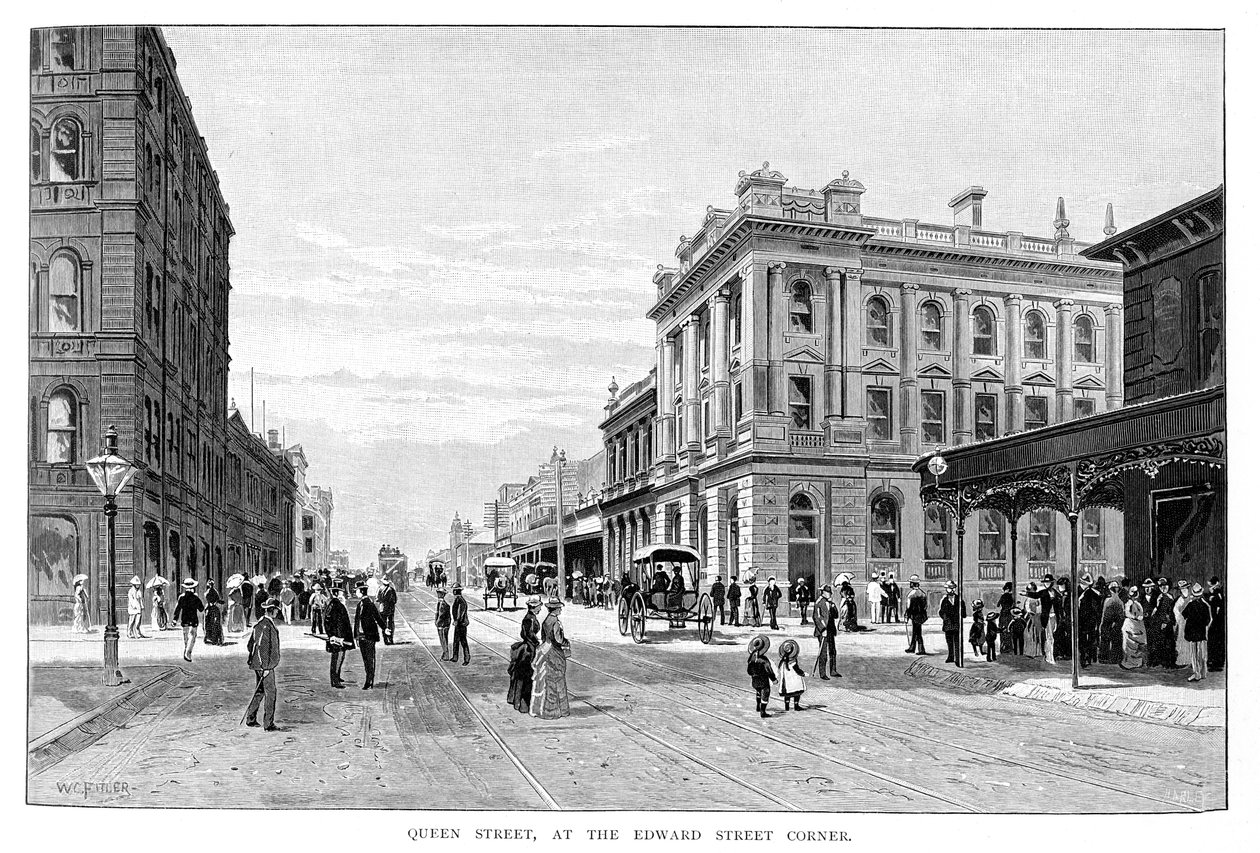 "Queen Street, at the Edward Street Corner", Brisbane, 1860, 1886 tekijältä WC Fitler