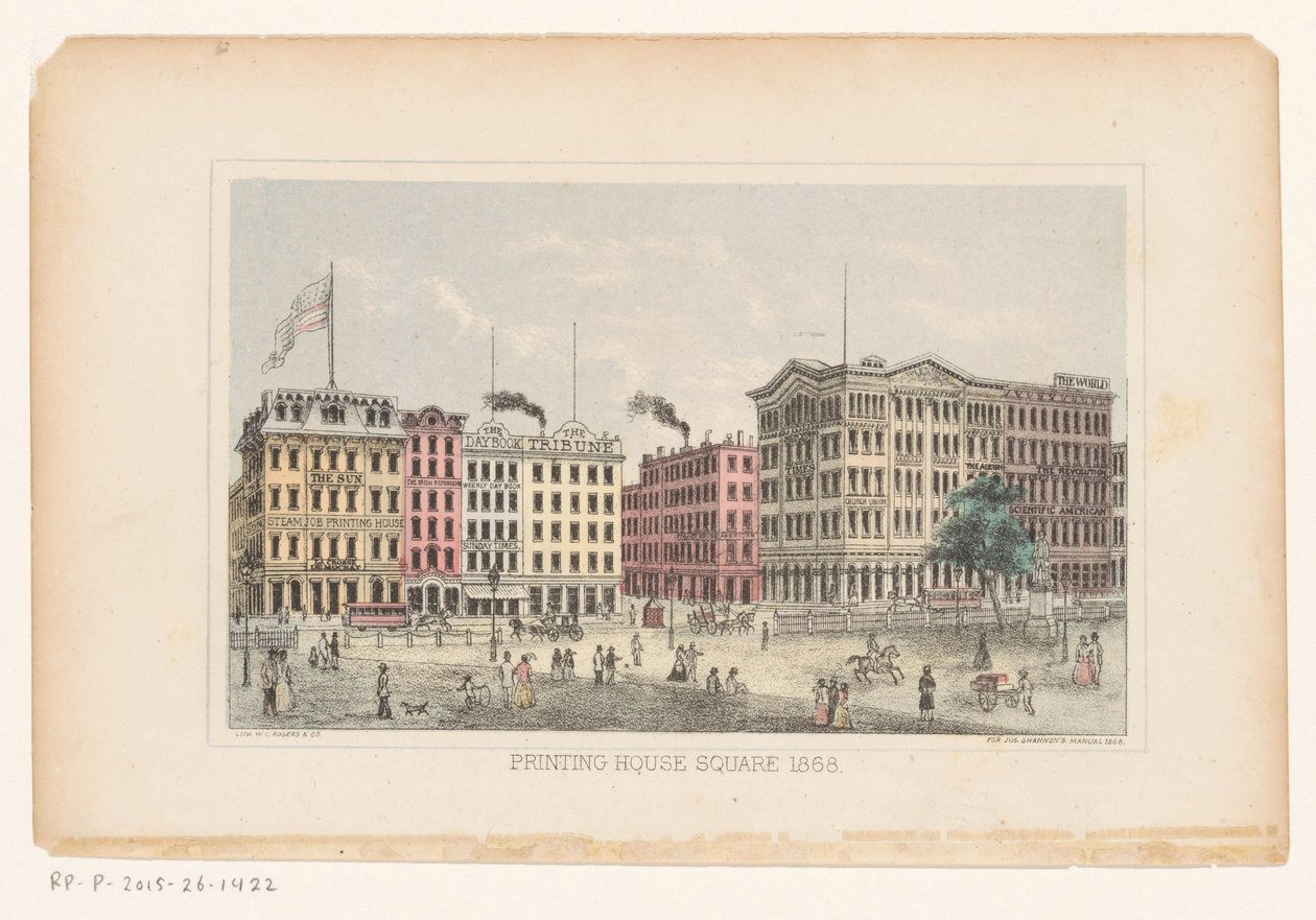 Park Row, Manhattan Kirjapainon aukio 1868 (otsikko esineessä) tekijältä W.C. Rogers and Co.