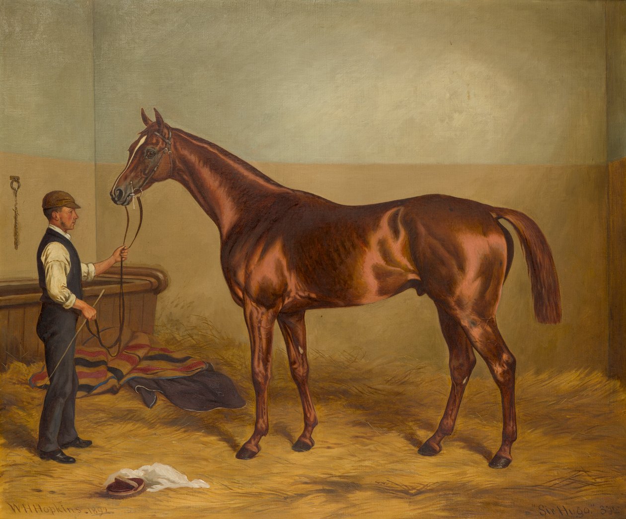 Sir Hugo kolmevuotiaana Groomin pitämänä tallissa, n. 1875-1892 (öljy kankaalle) tekijältä W.H. Hopkins
