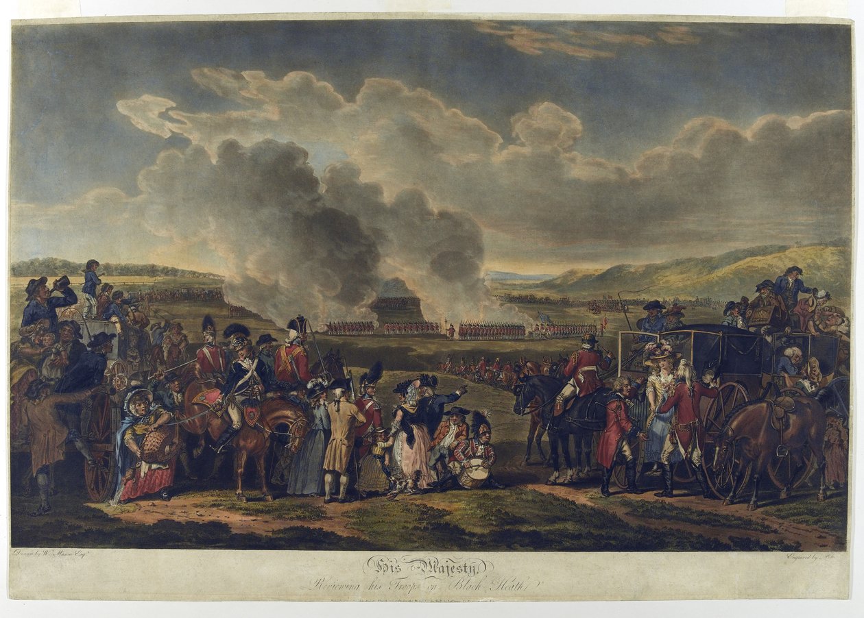 Hänen Majesteettinsa Reviewing Troops on Blackheath, 1787, kaivertanut R. Pollard, painettu 1797 (etsattu akvatinta) tekijältä W.H. Mason