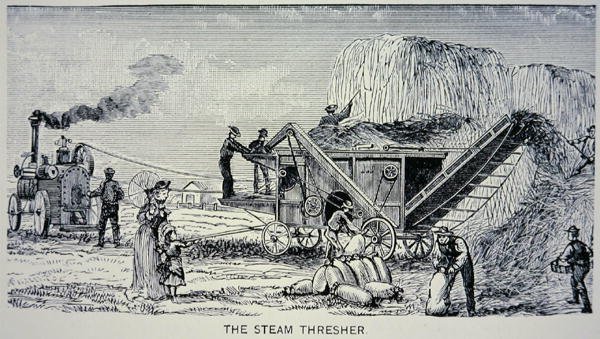 Steam Thresher, "Marvels of the New West" vuodelta 1888 (kaiverrus) tekijältä W.H. Thayer