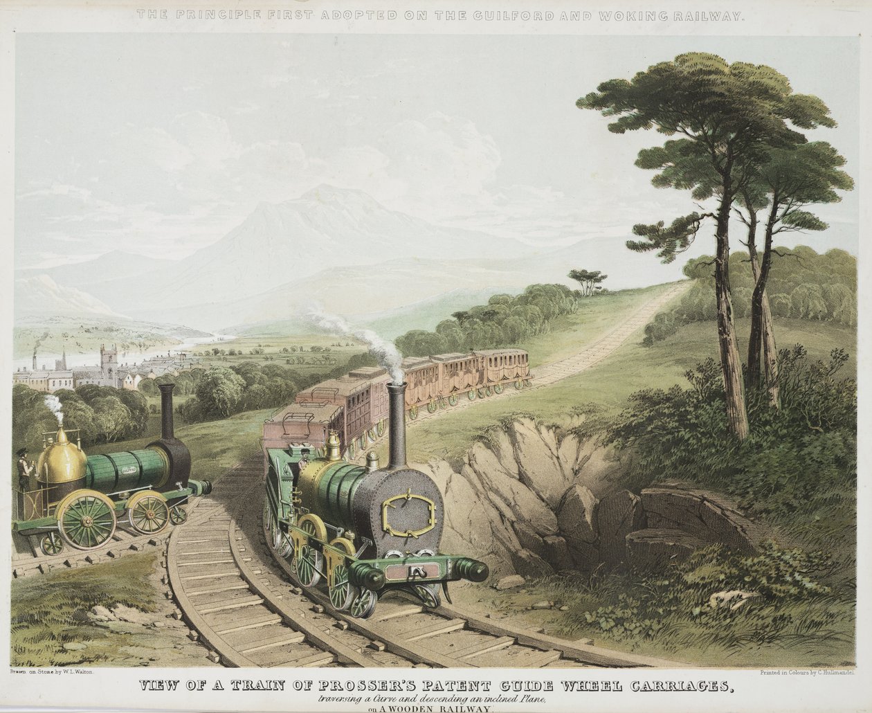 Näkymä Prosserien junasta Patenttiohjainpyörävaunut, n. 1845 tekijältä W.L. Walton