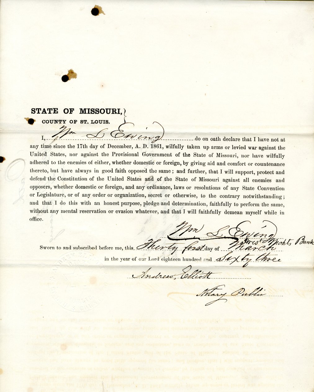 Wm: n uskollisuusvala. L. Ewing Missourista, St.Louisin kreivikunta tekijältä W.L. Ewing
