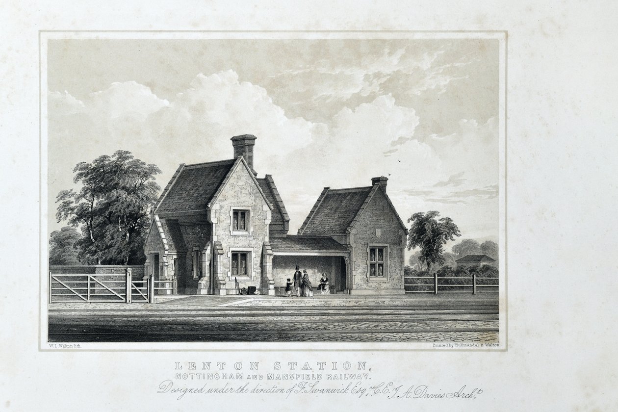 Lenton Station, Nottingham and Mansfield Railway, n. 1848 (sävytetty litografia paperille) tekijältä W.L. Walton