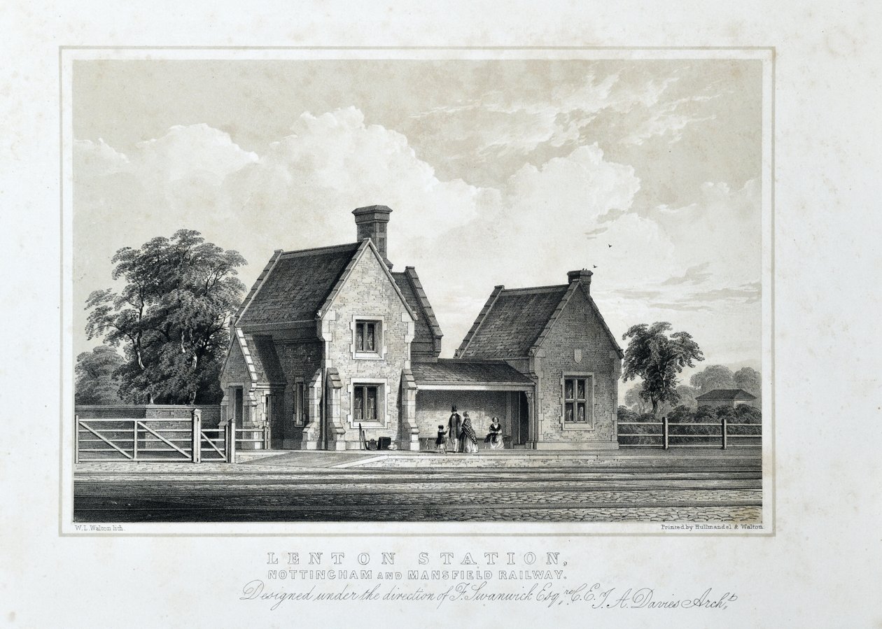 Lenton Station, Nottingham ja Mansfield Railway c1848 (sävytetty litografia paperille) tekijältä W.L. Walton
