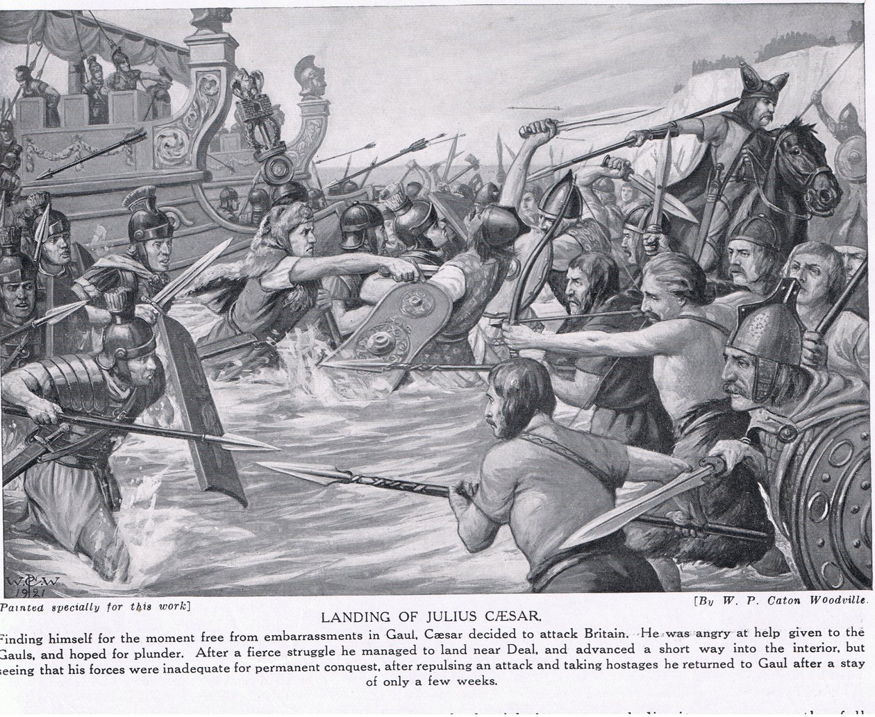 Julius Caesarin laskeutuminen, kuvitus "Hutchinsonin kansojen historiasta", n. 1910 tekijältä W.P. Caton Woodville