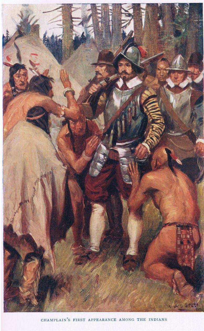 Champlainin ensimmäinen esiintyminen intiaanien joukossa, kuva elokuvasta "The Romance of Canada" tekijältä W.R.S. Stott