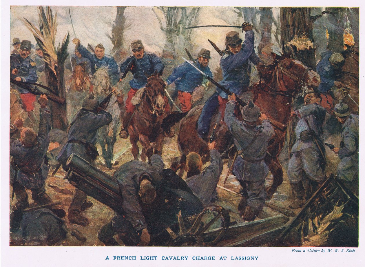 Ranskan kevyen ratsuväen hyökkäys Lassignyssa (väri litho) tekijältä W.R.S. (after) Stott