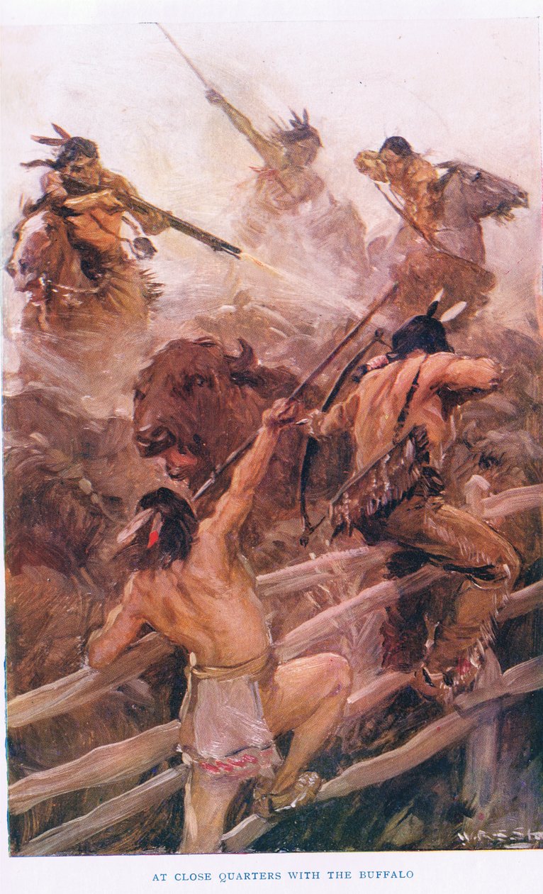 Close Quarters with the Buffalo, kuvitus teoksesta The Romance of Canada (värilitho) tekijältä W.R.S. Stott