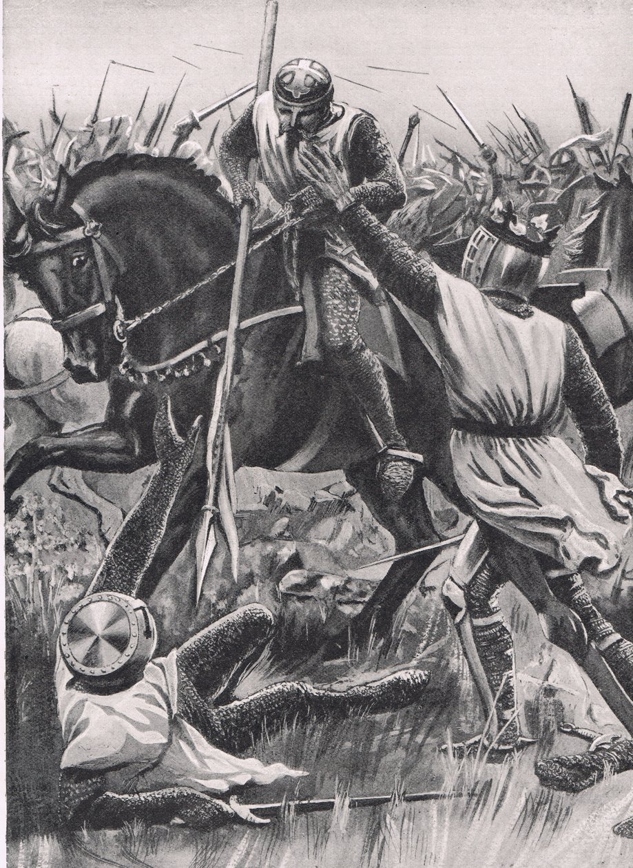 "Hold Fellow, minä olen Henry of Winchester, sinä kuningas", kuvitus julkaisusta "British Battles on Land and Sea", julkaisija Cassell, Lontoo, n. 1910 (litho) tekijältä W.R.S. Stott