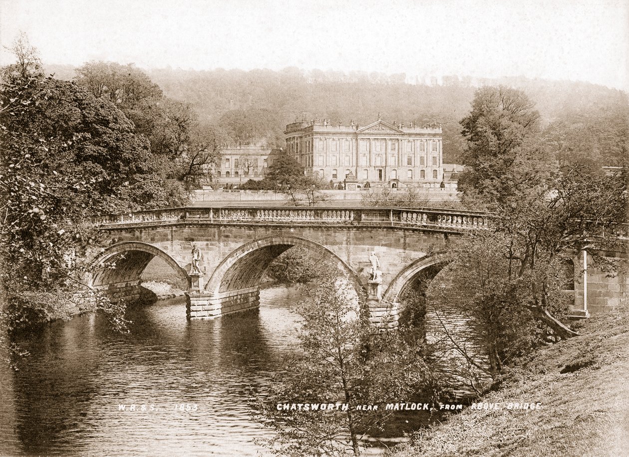 Chatsworth House ja silta Derwent-joen yli, Derbyshire, 1853 tekijältä WR and S