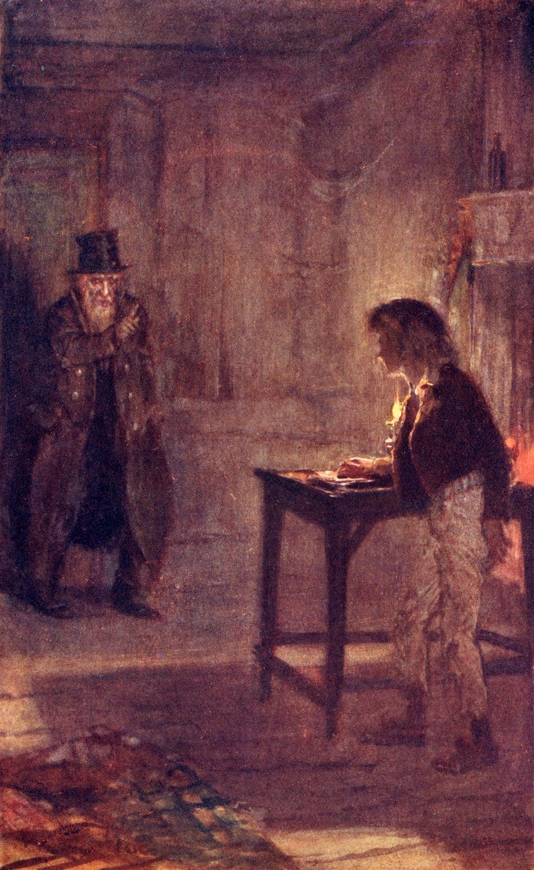 Fagin varoittaa Oliveria, etukappale Charles Dickensin "Oliver Twistin seikkailuista" tekijältä W.S. Stacey