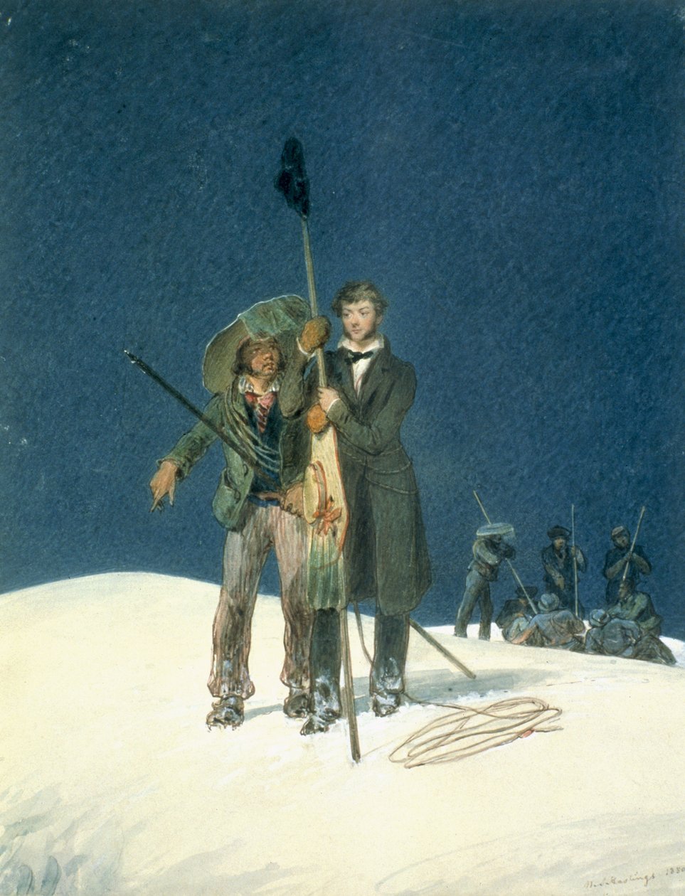 Charles Fellows William Hawesin kanssa, Plants a Baton on the Summit, sisältyi liitteenä Charles Fellowsin (1799-1860) Kertomukseen noususta Mont Blancin huipulle, julkaistu 1827 (wc on pa). tekijältä W.S. Hastings