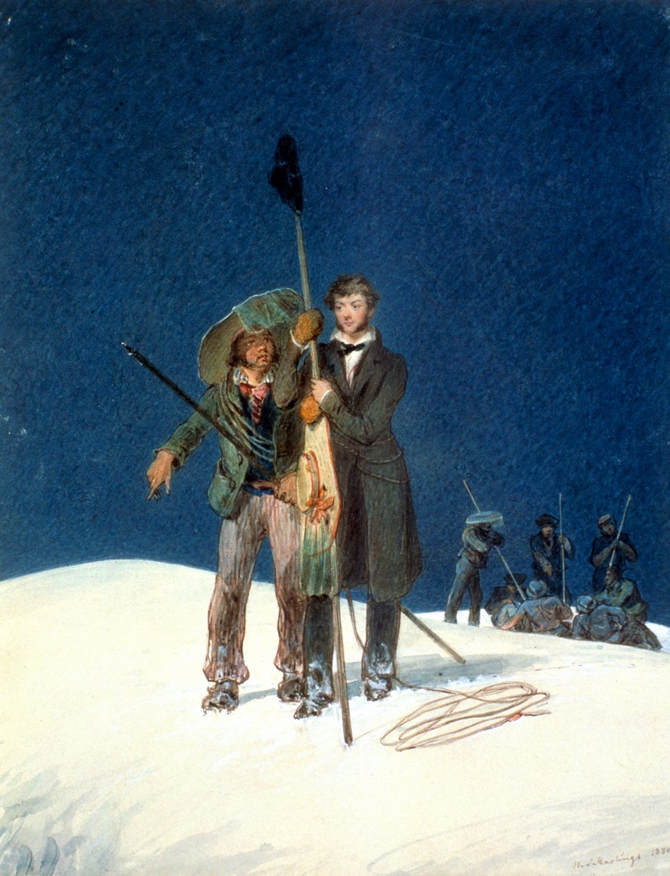 Charles Fellows William Hawesin kanssa istuttaa sauvan Mont Blancin huipulle, 1827 tekijältä WS Hastings