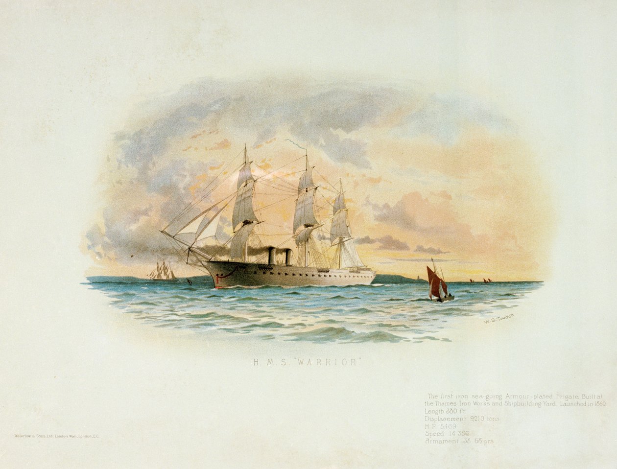 HMS "Warrior" (1860), 1800-luvun loppupuoli (värillinen litografia). tekijältä W.S. Tomkin