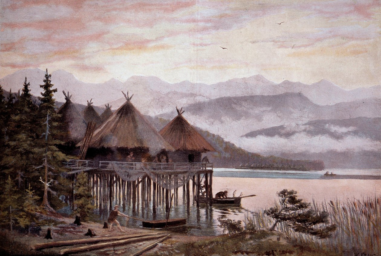 Esihistoria: kyläbati paalujen päällä Zürich-järven rannalla Pierren aikakaudella. Järvikylä, esihistoriallinen järvikaupunki. W. Kranzin maalauksesta 1900-luvulla tekijältä W. (after) Kranz