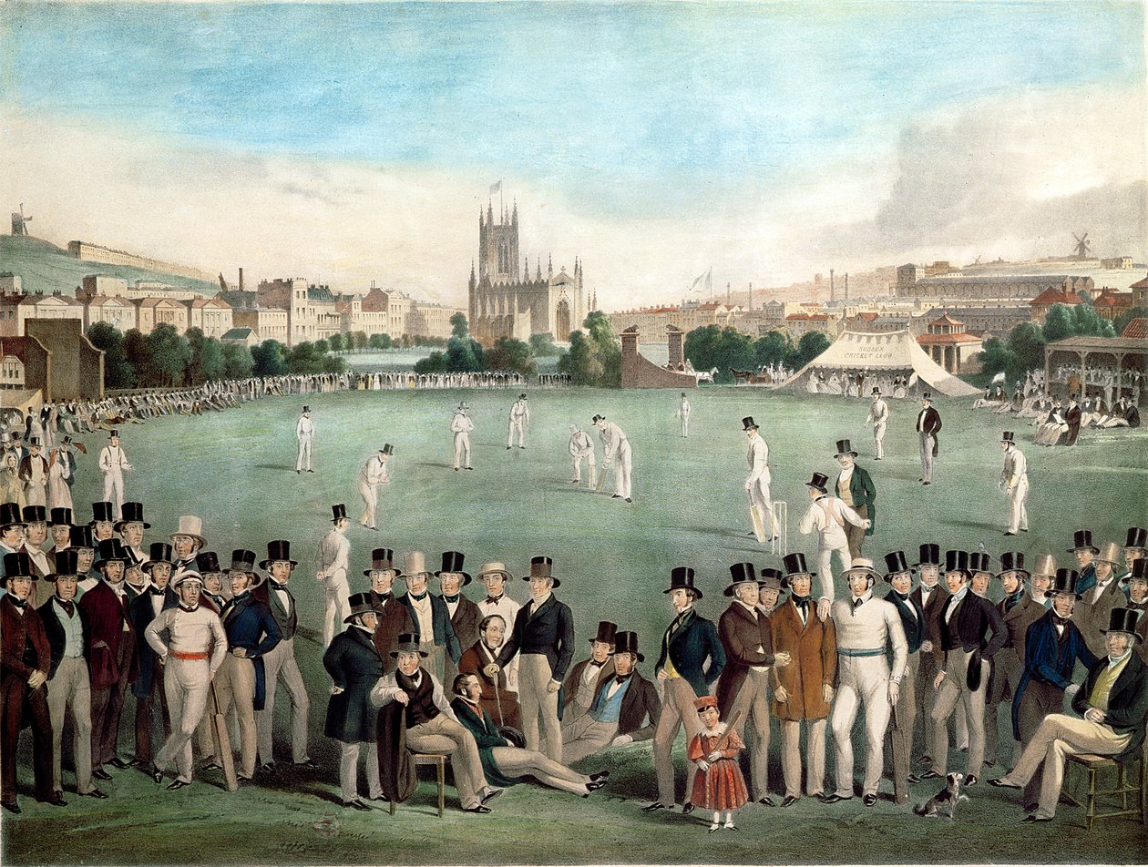 Krikettiottelu Sussexin ja Kentin välillä vuonna 1840, julkaisija S. Lipschitz, Lontoo, n. 1849 (värillinen kaiverrus) tekijältä W. and Basebe Charles (after) Drummond