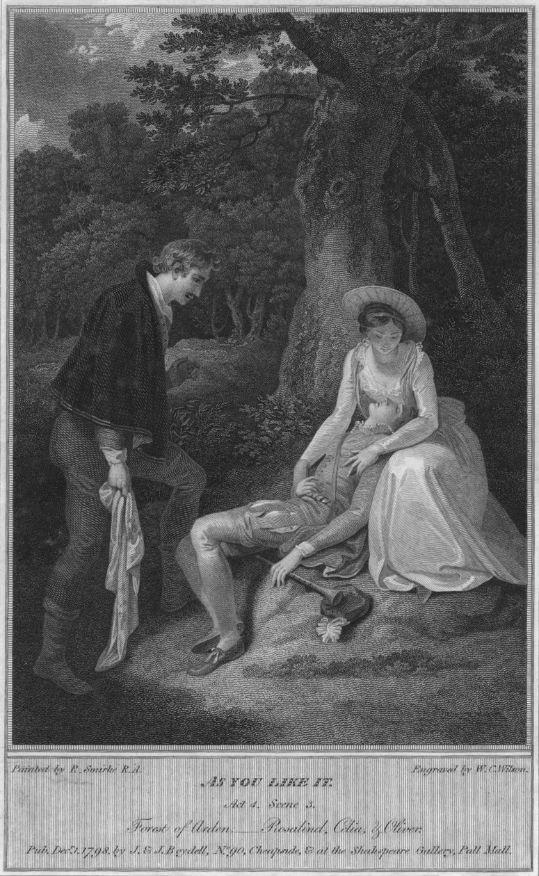 Kuten pidät. Näytös 4. Kohtaus 3. Ardenin metsä, - Rosalind, Celia & Oliver, 1798. tekijältä W. C. Wilson