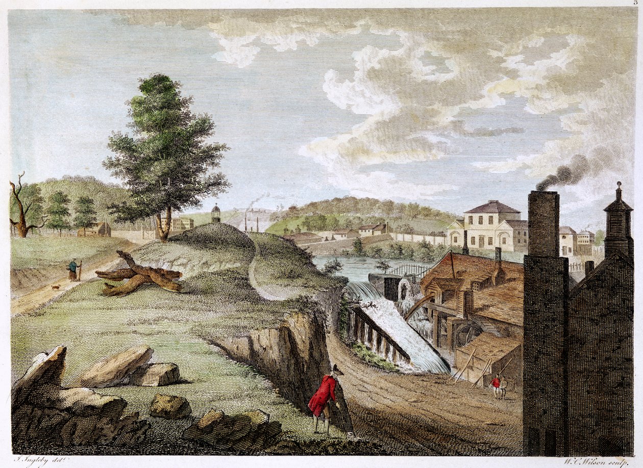 Greenfield Brass Mill lähellä Holywellia, Flintshire, Wales, 1792 tekijältä W. C. Wilson