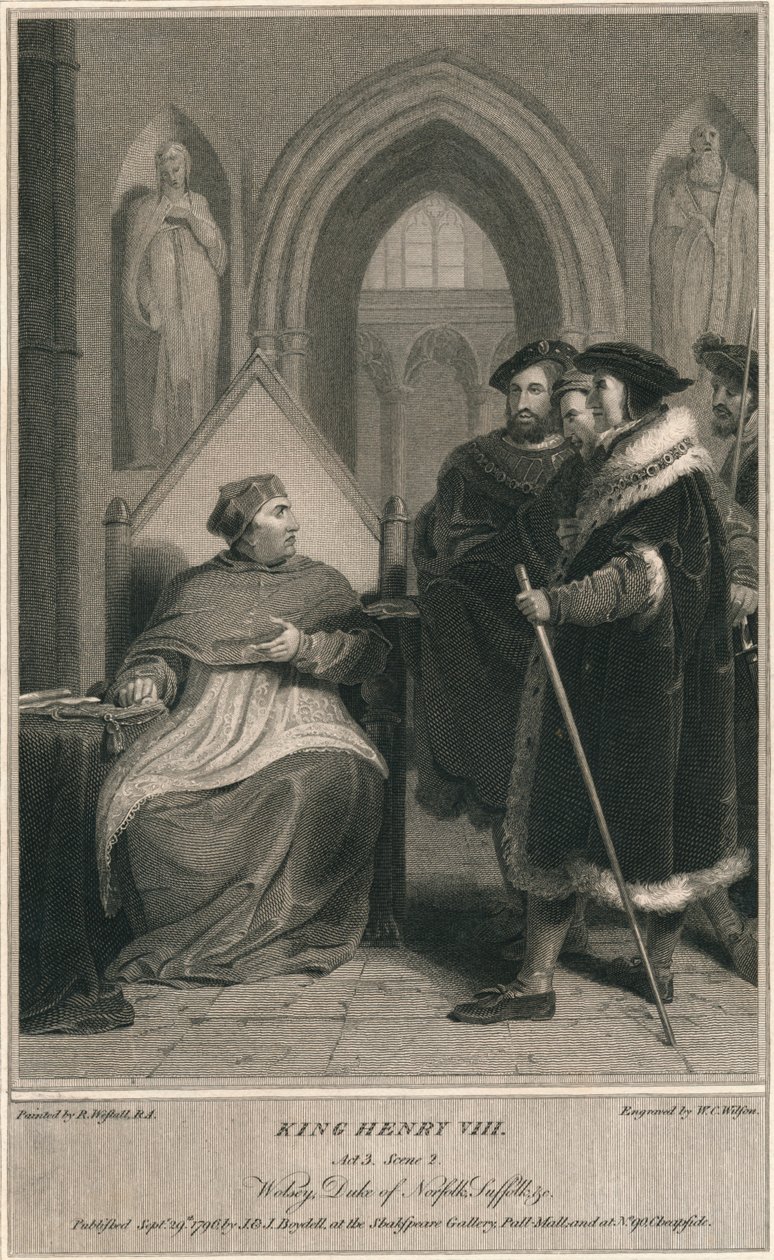 Kuningas Henrik VIII. Näytös 3. Kohtaus 2. Wolsey, Norfolkin herttua, Suffolk & c, 1796. tekijältä W. C. Wilson