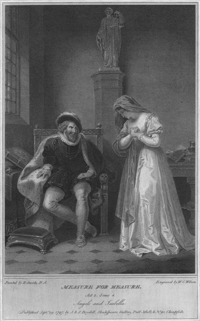 Mitta mittaa varten. Näytös 2. Kohtaus 4. Angelo ja Isabella, 1797. tekijältä W. C. Wilson