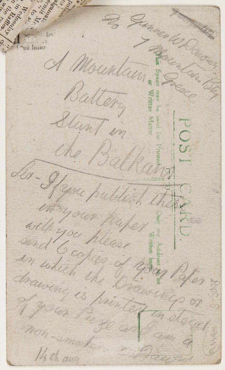 Postikortti Liverpool Weekly Courier -lehden päätoimittajalle, 14. elokuuta 1918 (lyijykynä postikortissa). tekijältä W. Dawson