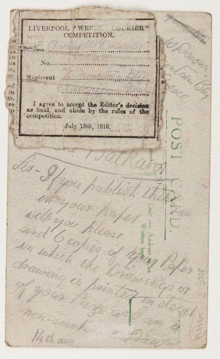 Postikortti Liverpool Weekly Courier -lehden päätoimittajalle, 14. elokuuta 1918 (lyijykynä postikortissa). tekijältä W. Dawson