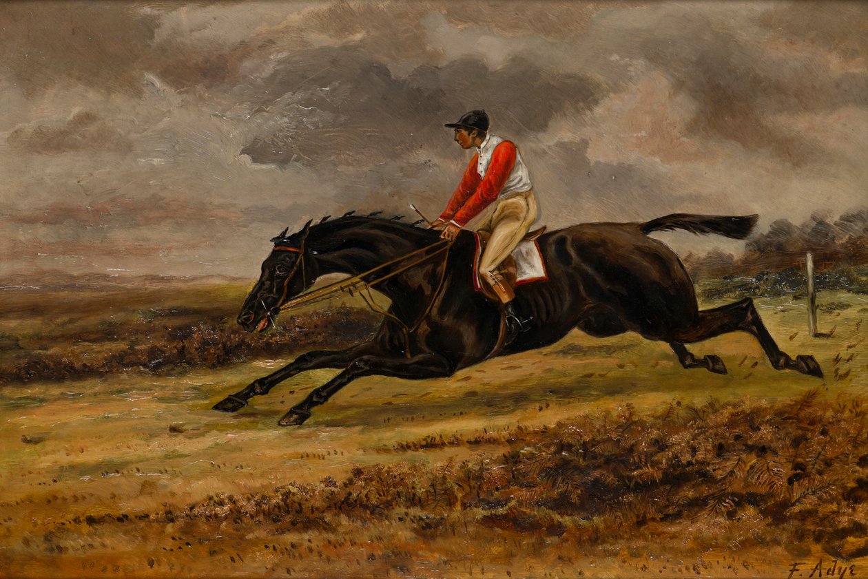 Laukkaa hevonen jockey ylhäällä Bradfordin kilpaväreissä, n. 1839-1898 (öljy kankaalle) tekijältä W. F. Adye