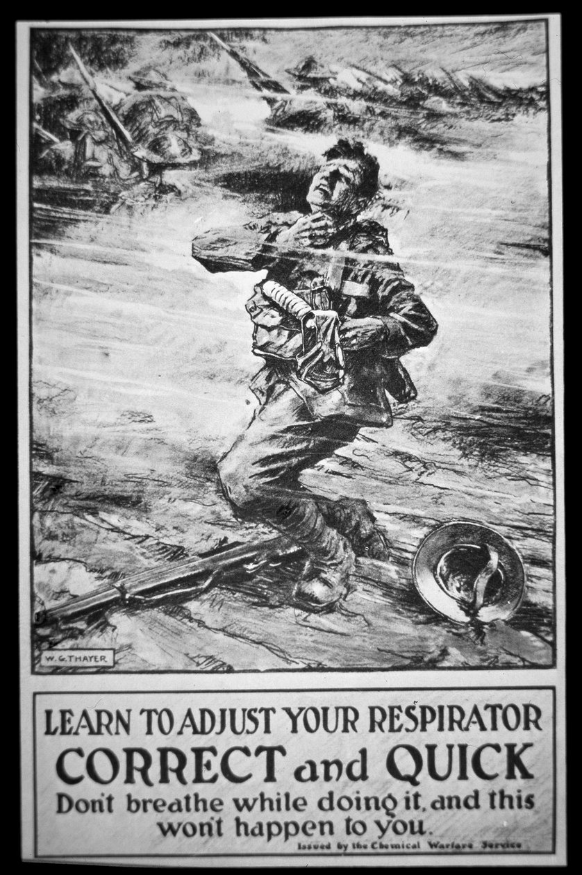 Amerikan armeijan juliste, joka varoittaa kaasuhyökkäyksestä tekijältä W. G. (after) Thayer