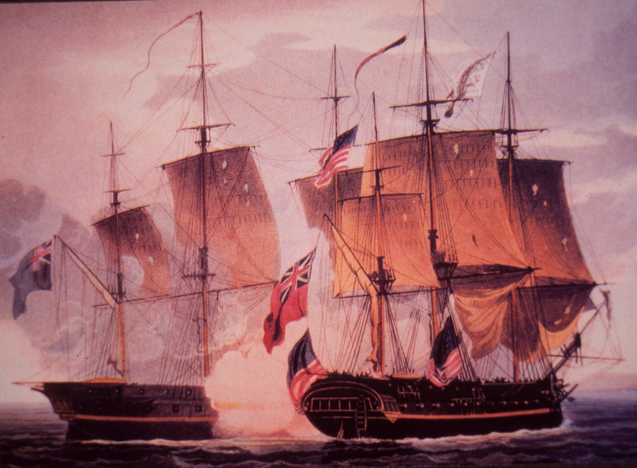 HMS Shannon ja USS Chesapeake (väri litho) tekijältä John Ward Dunsmore
