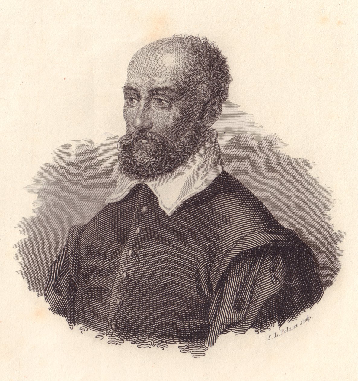 Italian arkkitehdin Andrea Palladion muotokuva, Andrea di Pietron (1508-1580) salanimi, kuparikaiverrus tekijältä John Ward Dunsmore