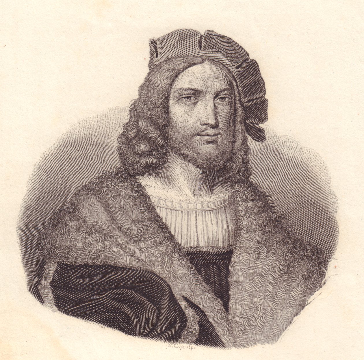 Italialaisen runoilijan Antonio Tebaldeon (1463-1537) muotokuva, kuparikaiverrus Rafaelin maalauksesta. tekijältä John Ward Dunsmore