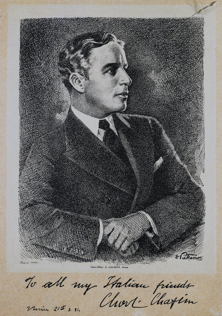 Sir Charles Spencer Chaplinin (1889-1977), englantilaisen näyttelijän ja ohjaajan muotokuva tekijältä John Ward Dunsmore
