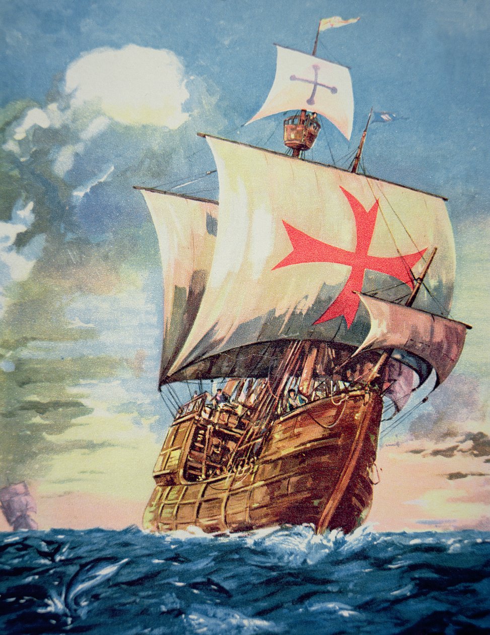 Santa Maria vei Christopher Columbuksen Amerikkaan vuonna 1492 (värilitho) tekijältä John Ward Dunsmore